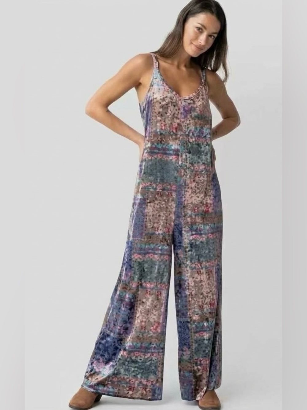 Natural Life Patchwork Jumpsuit XS Wide Leg Floral Boho Pink Blue 70s 60s Flowy